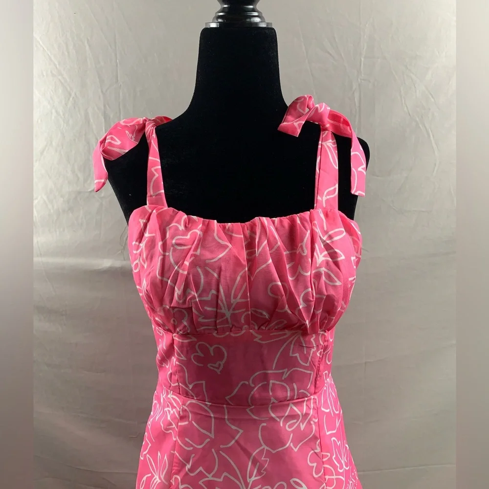 Last One 🔥 Pink Chiffon Floral Print Tie Shoulder Ruched Bust Cami Dress - Picture 8 of 8